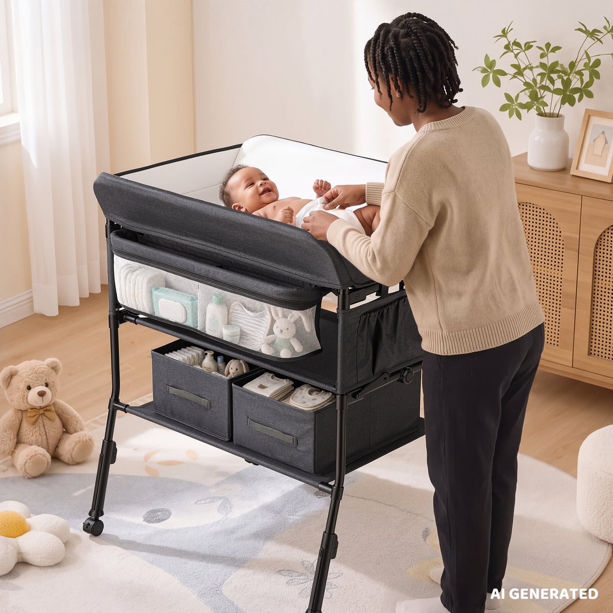 AILEEKISS Baby Diaper Changing Table, Waterproof Folding Changing Station with 2 Drawers, Black Grey