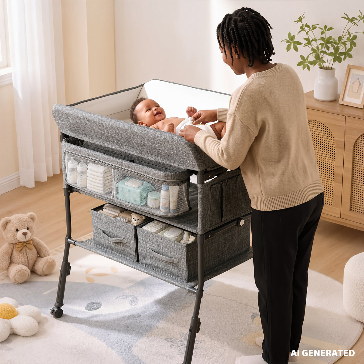 AILEEKISS Baby Diaper Changing Table, Waterproof Folding Changing Station with 2 Drawers, Grey