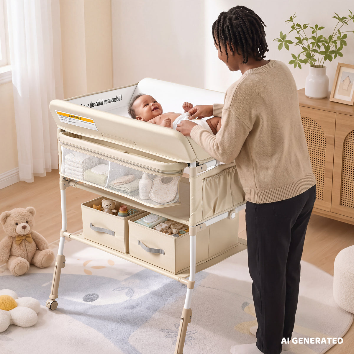 AILEEKISS Baby Diaper Changing Table, Waterproof Folding Changing Station with 2 Drawers, Beige