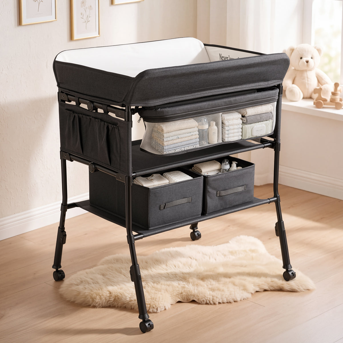 AILEEKISS Baby Diaper Changing Table, Waterproof Folding Changing Station with 2 Drawers, Black Grey