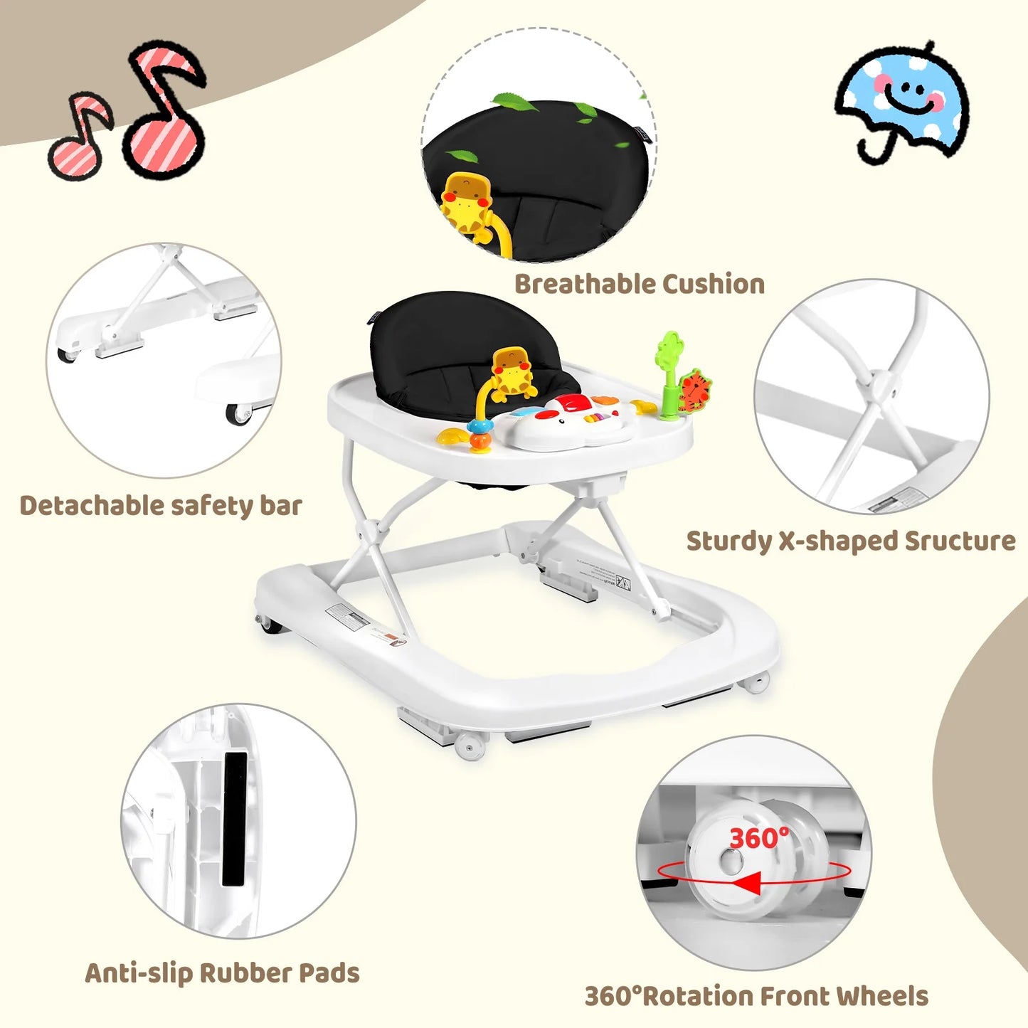 AILEEKISS 3 in 1 Baby Walker with Wheels, Foldable Infant Walker Girl Toddler Activity Center, Black