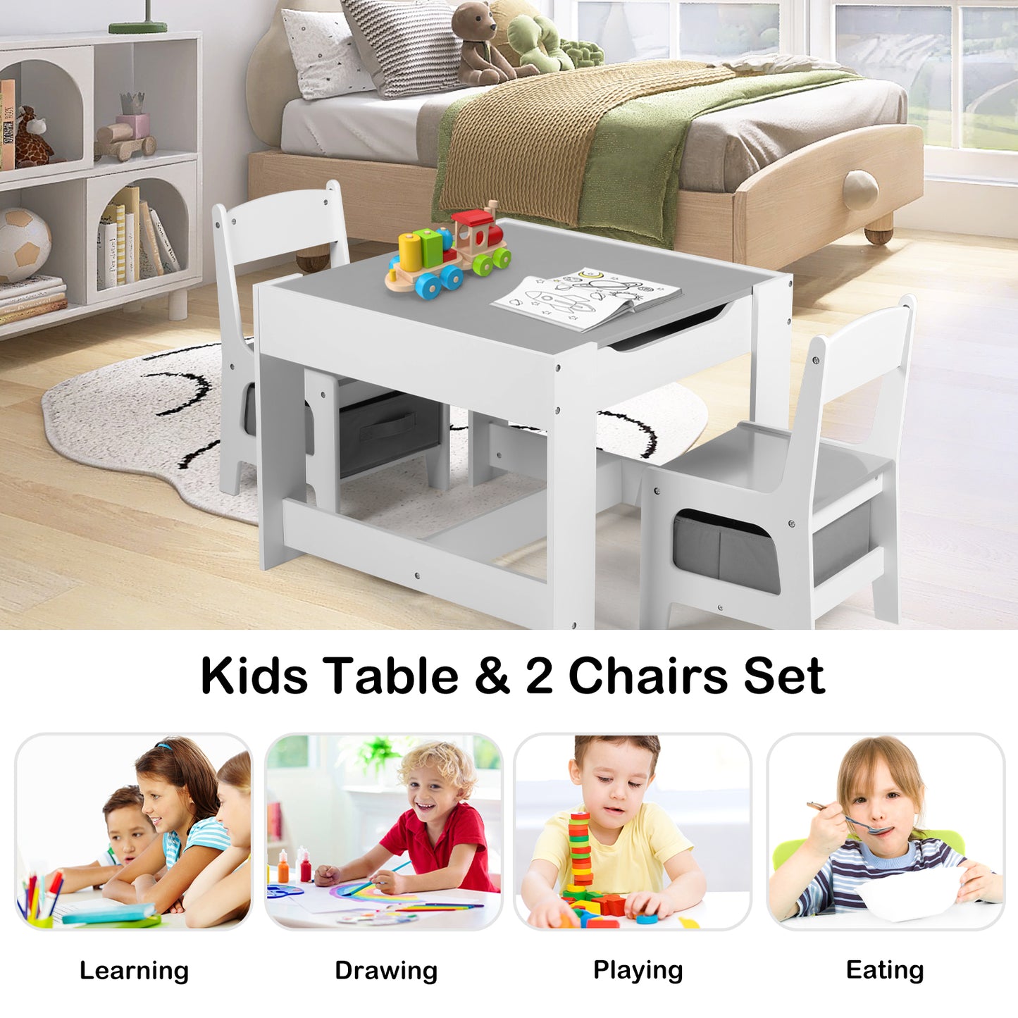 LINLUX Kids Table and 2 Chairs Set, Children Activity Table Chairs with Chalkboard/Whiteboard, Grey