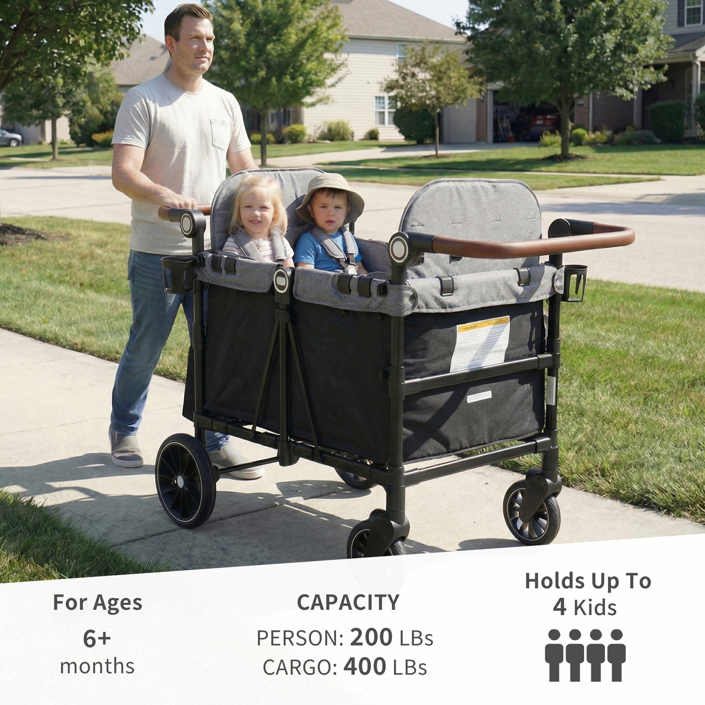 AILEEKISS Wagon Stroller for 4 Toddlers, 4-in-1 Baby Wagon with Canopy, 59 Pounds, Black Grey