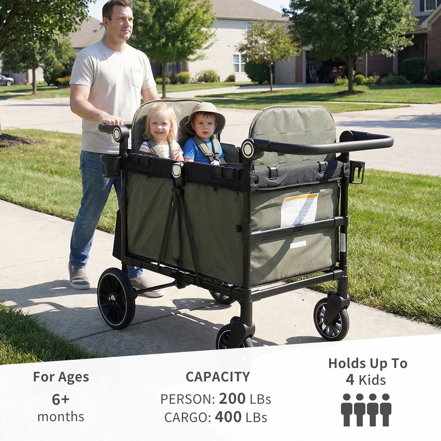 AILEEKISS Wagon Stroller for 4 Toddlers, 4-in-1 Baby Wagon with Canopy, 59 Pounds, Green