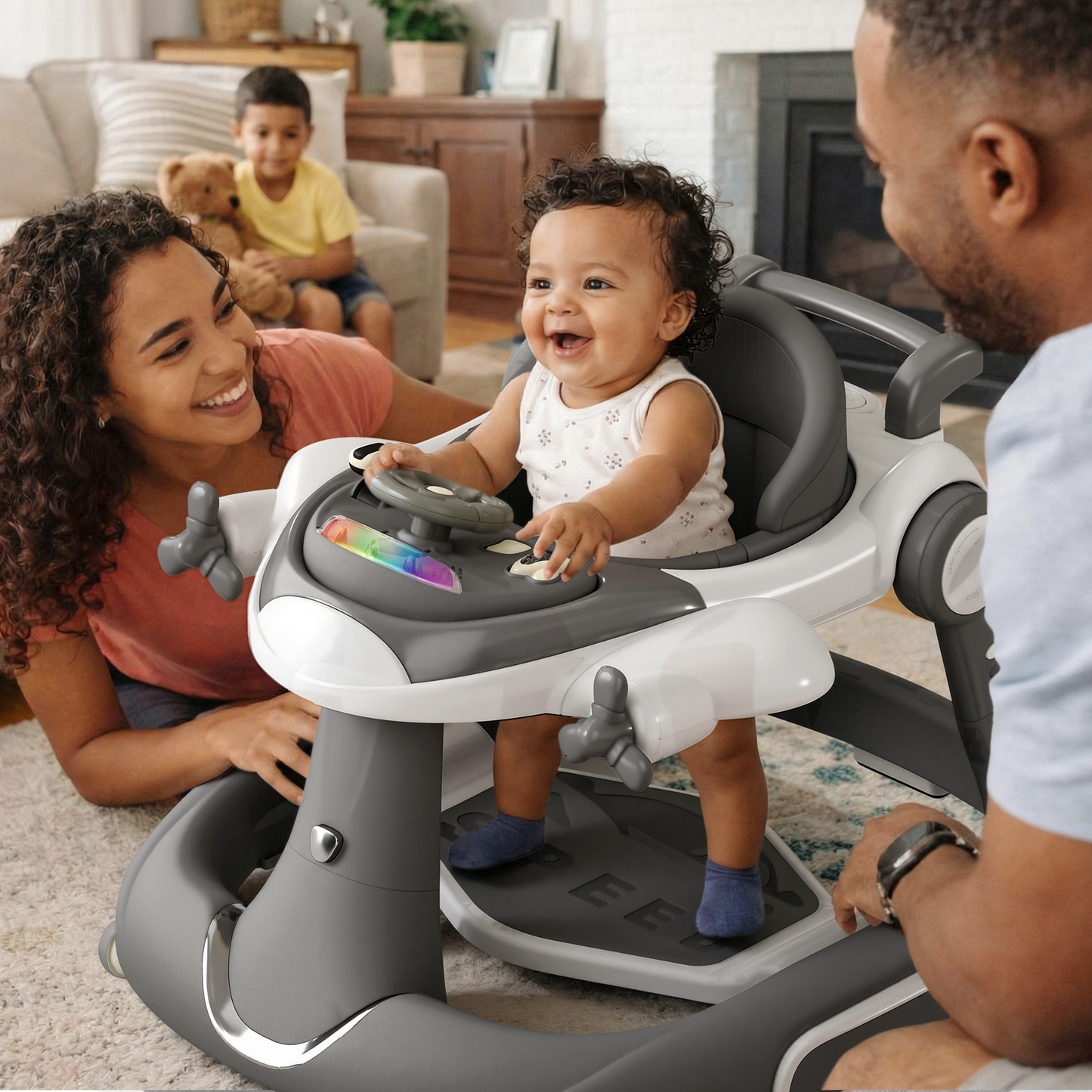 AILEEKISS 5-in-1 Musical Baby Walker with Wheels, Foldable Baby Walker for Boys Girls, Gray