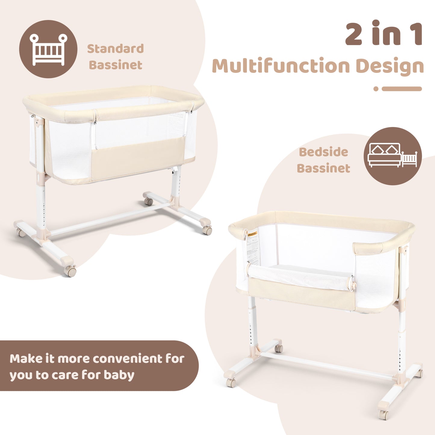 AILEEKISS Baby Bassinet Bedside Sleeper, Height Adjustable Newborn Baby Bassinet with Wheels, Beige