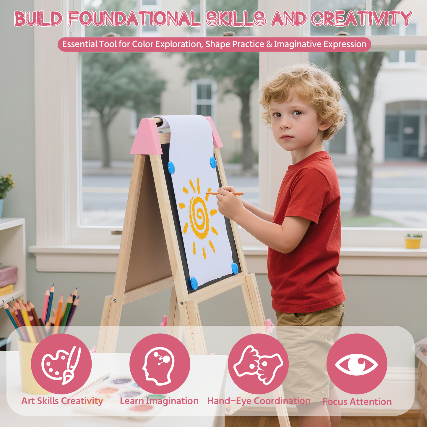 AILEEKISS Kids Art Easel Double-Sided Art Easel with Whiteboard and Chalkboard for Painting Pink