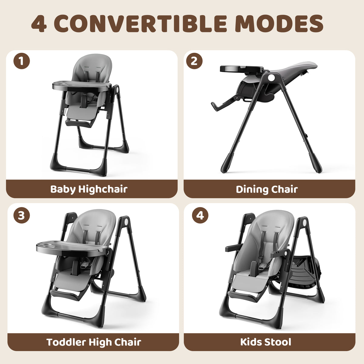 AILEEKISS Foldable High Chair for Baby, Toddler Eating Chair with Detachable Double Trays, Grey