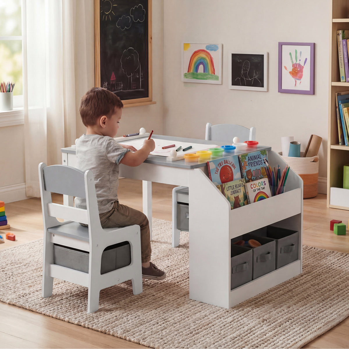 AILEEKISS Kids Table and Chair Set,Children Play Activity Desk for Drawing with 3 Drawers, Grey