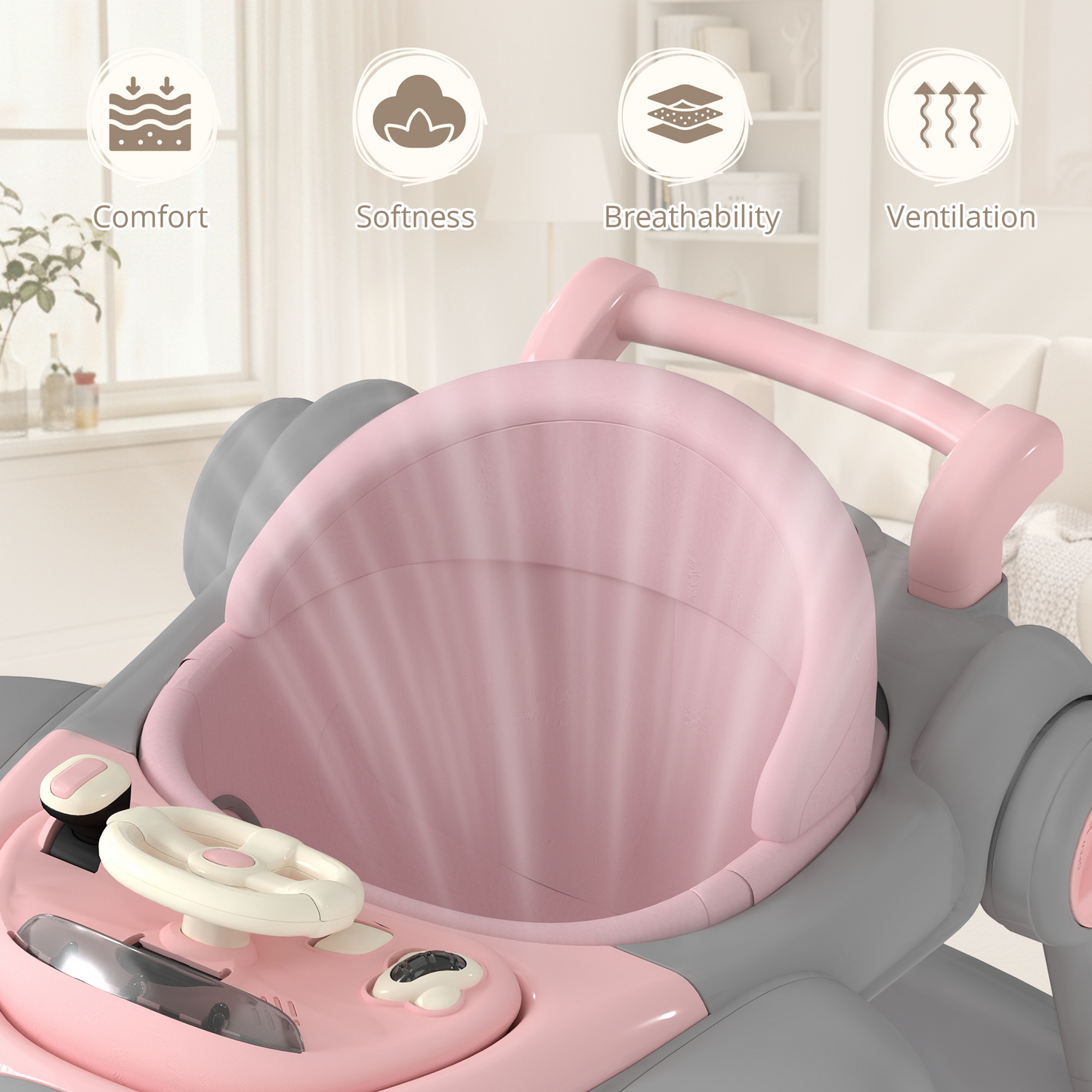 AILEEKISS 5-in-1 Musical Baby Walker with Wheels, Foldable Baby Walker for Boys Girls, Pink& Gray