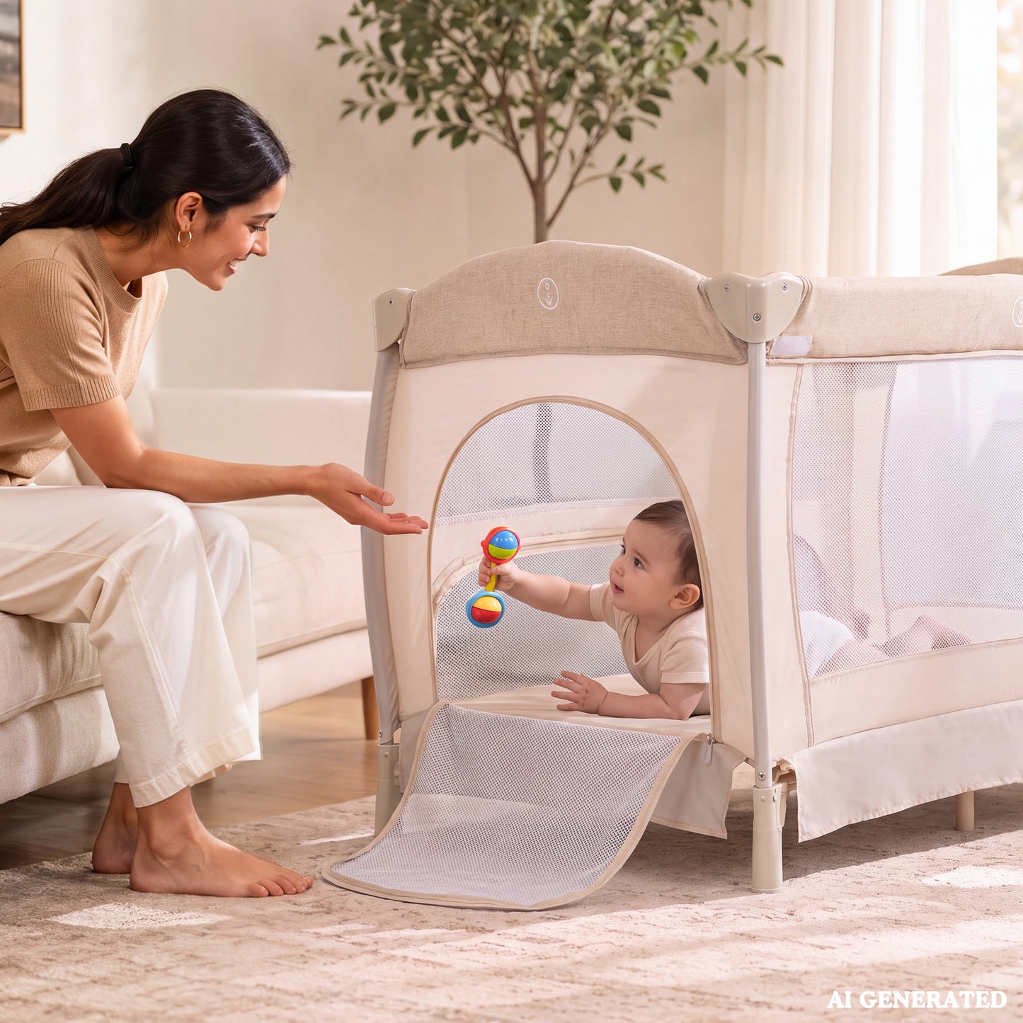 AILEEKISS 3-in-1 Baby Playard with Changing Table & Toy Bar, Portable Pack and Play for Newborn, Beige