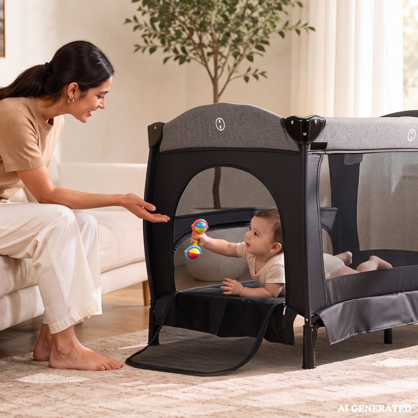 AILEEKISS 3-in-1 Baby Playard with Changing Table & Toy Bar, Portable Pack and Play for Newborn, Grey