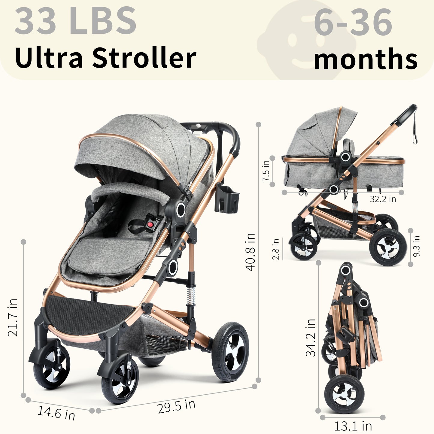 AILEEKISS 3 in 1 Convertible Baby Stroller, Unisex Folding Newborn Stroller with Big Seat, Rose Gold