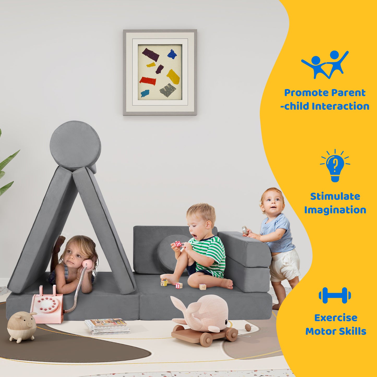 9 Pcs Kids Sofa Couch Playset, Baby Play Couch Imaginative Furniture for Toddler, Grey