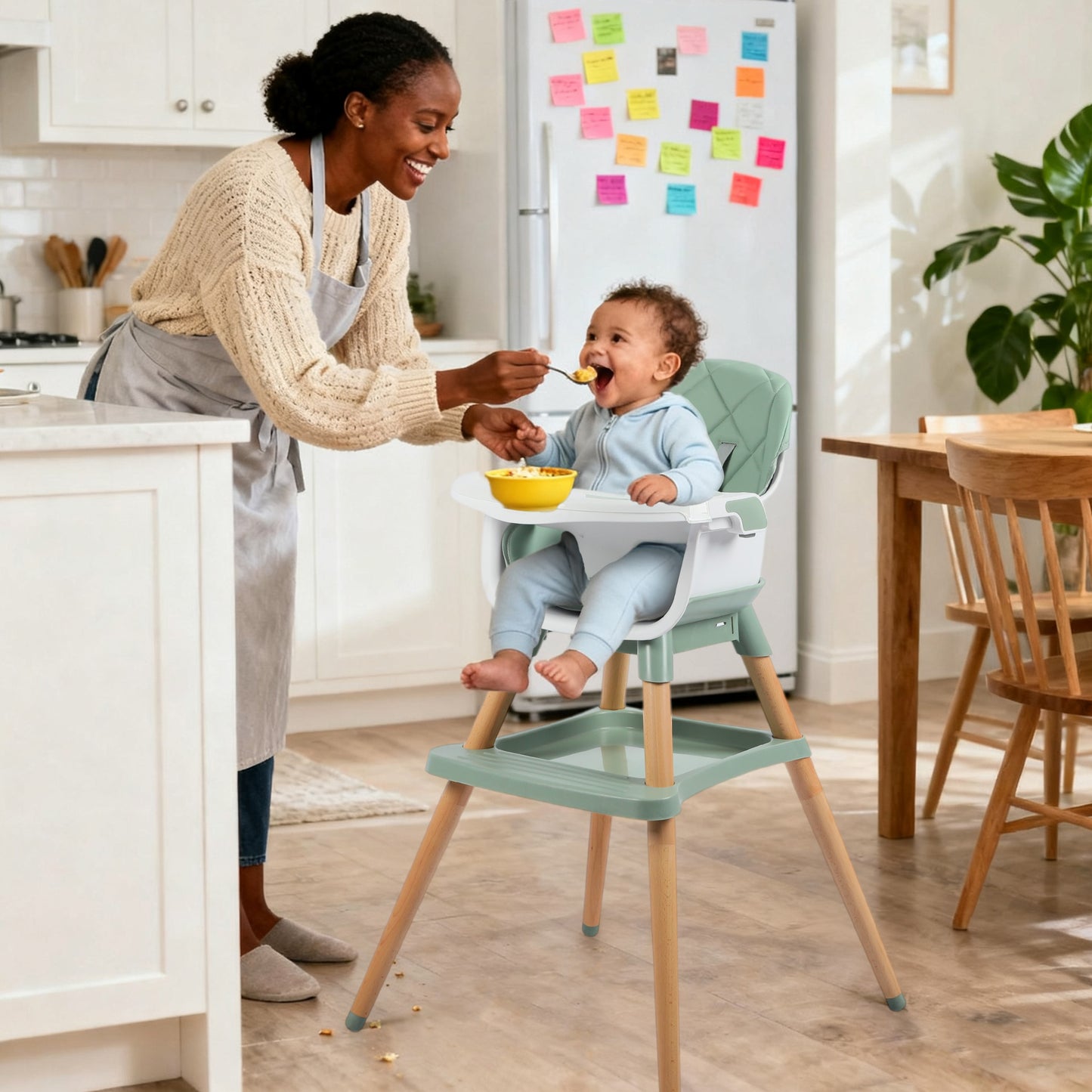 AILEEKISS 7 in 1 Wooden Baby High Chair Infant Feeding Chair with Removable Tray, Green