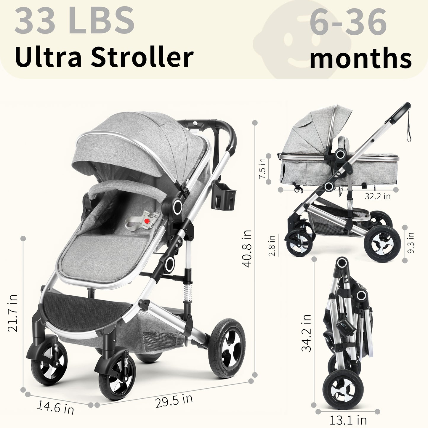 AILEEKISS 3 in 1 Convertible Baby Stroller, Unisex Folding Newborn Stroller with Big Seat, Light Grey