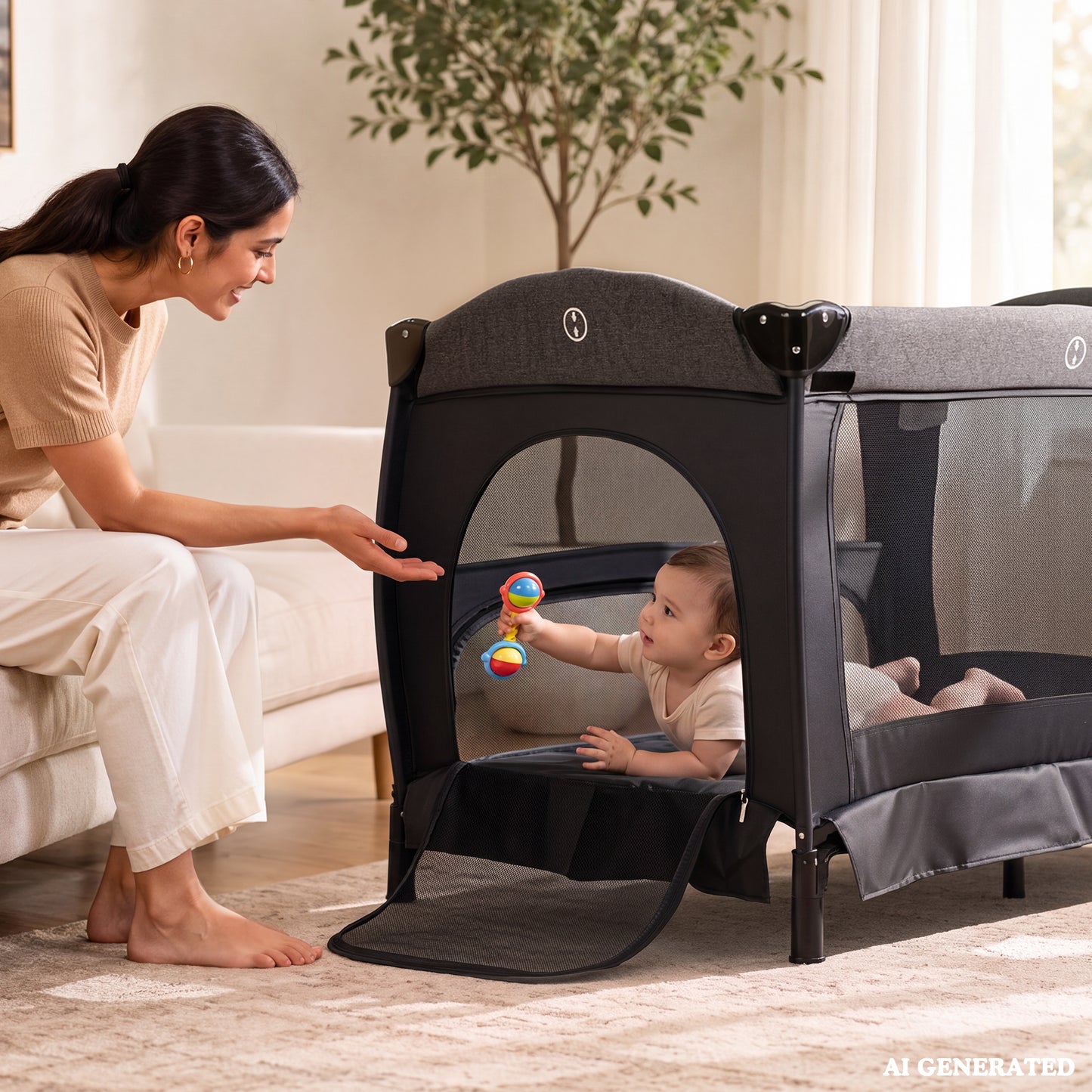 AILEEKISS 3-in-1 Baby Playard with Changing Table & Toy Bar, Portable Pack and Play for Newborn, Dark Grey