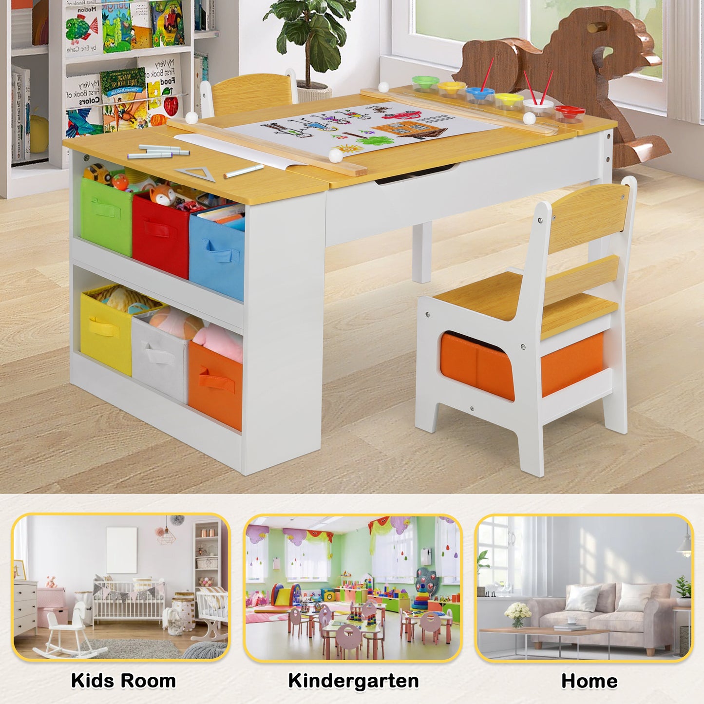 2 in 1 Kids Art Table and Chair Set, Toddler Art Easel & Craft Activity Desk w/ Paper Roll, Natural