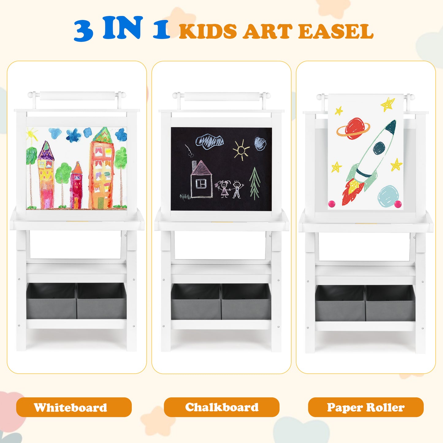 3 in 1 Kids Art Easel Double-Sided Magnetic Whiteboard Chalkboard Paper Roller, White