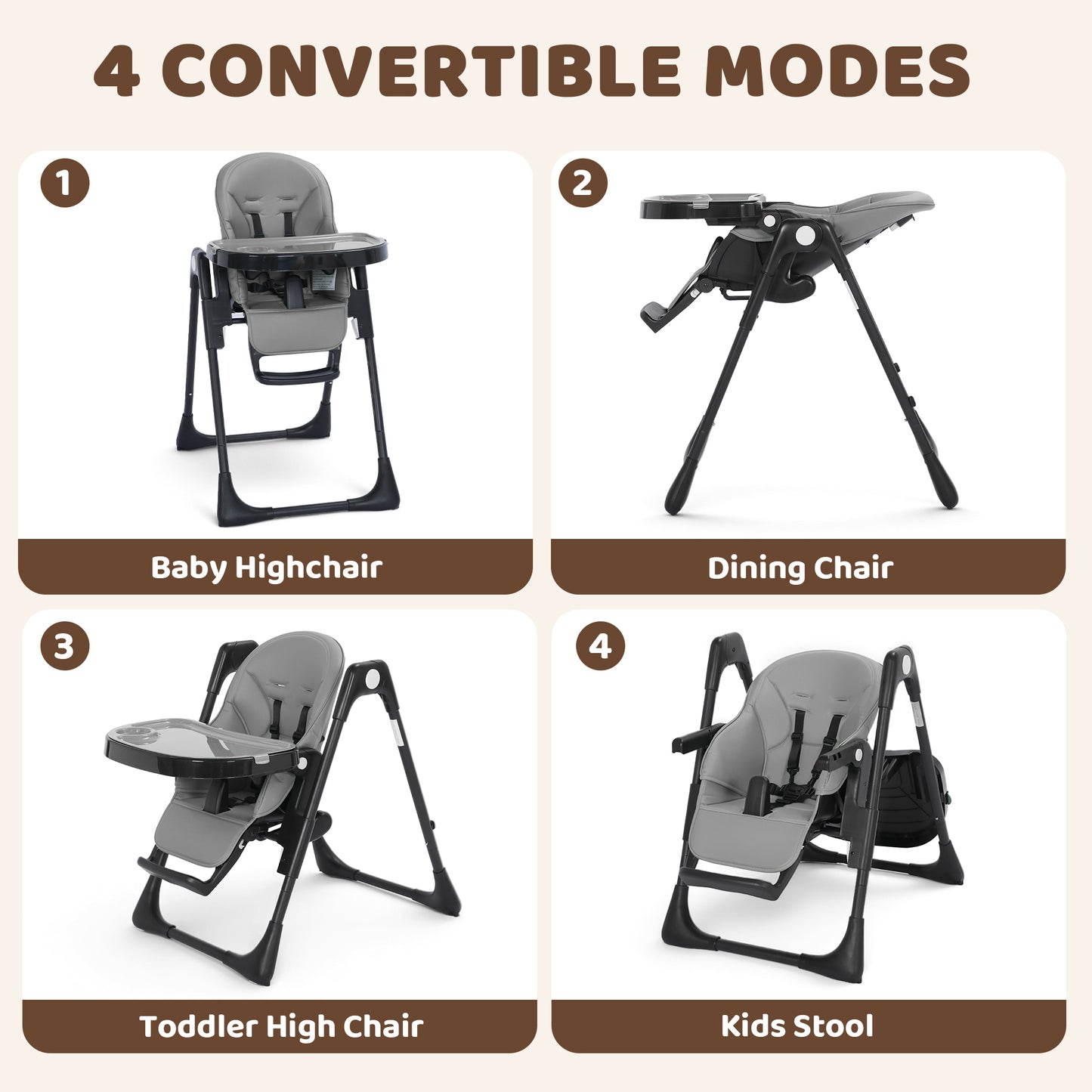 AILEEKISS Foldable High Chair for Baby, Toddler Eating Chair with Detachable Double Trays, Grey