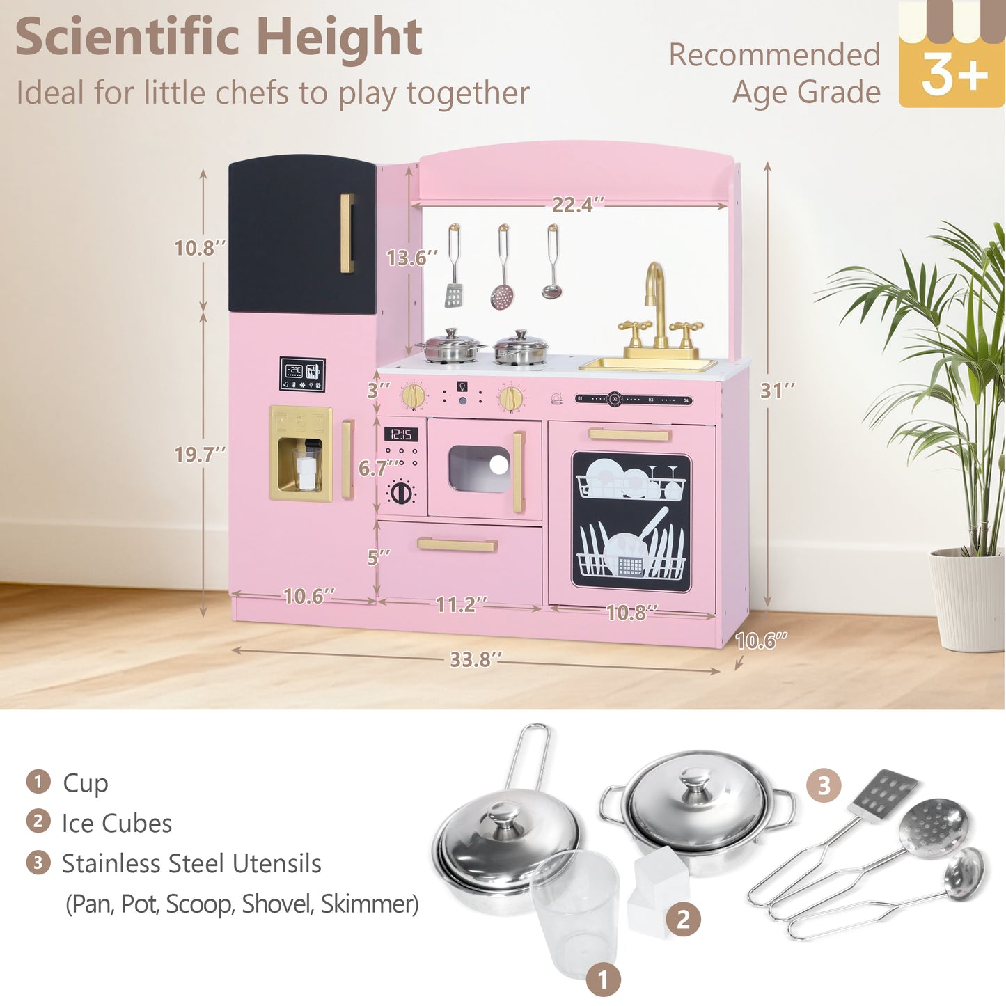LINLUX Pretend Kids Play Kitchen, Toy Kitchen Playset for Toddler, Wood Kitchen Sets Baby, Pink