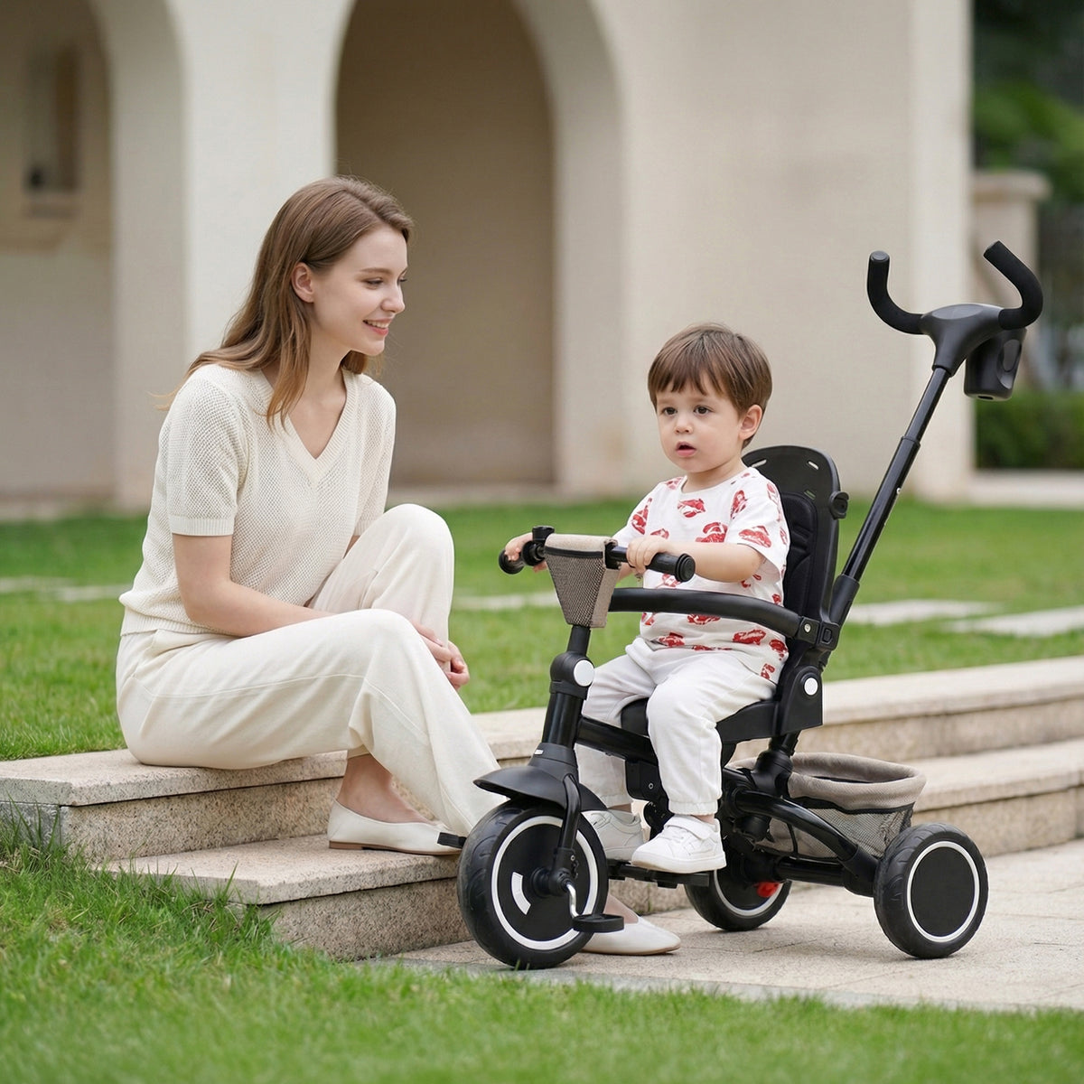 AILEEKISS 7-in-1 Kids' Tricycle with Push Handle, Foldable Trike Bicycles for Kids 1-5 Years, Khaki