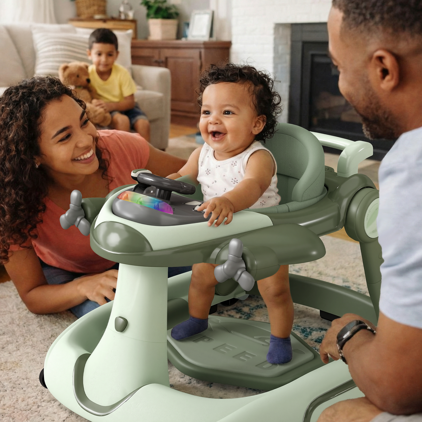 AILEEKISS 5-in-1 Musical Baby Walker with Wheels, Foldable Baby Walker for Boys Girls, Green