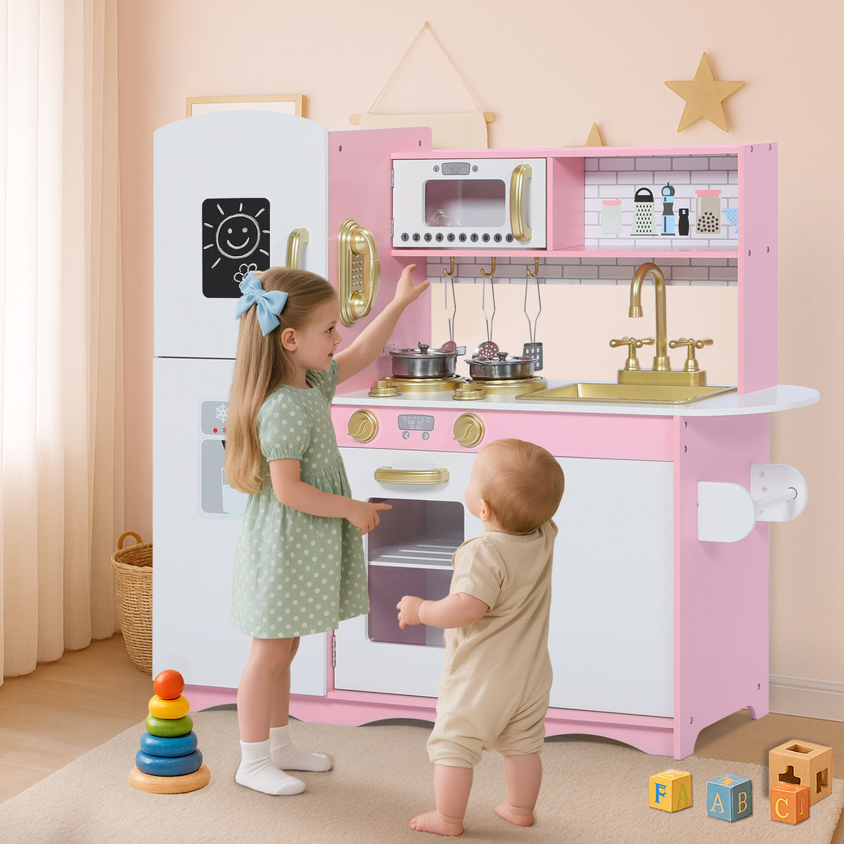 AILEEKISS Kids Play Kitchen Set, Wood Kitchen Playset for Toddler with Accessories, Gold Pink