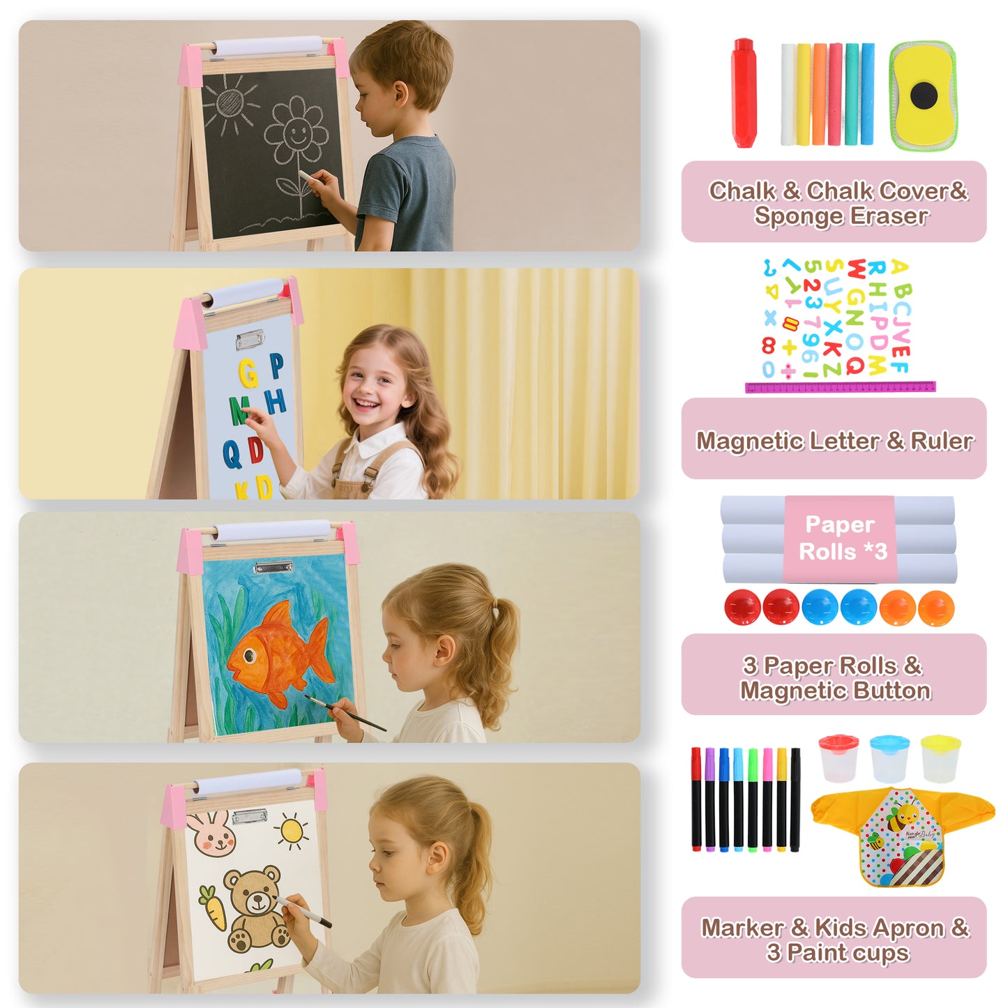 LINLUX Double-Sided Art Easel for Kids, 3 in 1 Wooden Kids Easel w/Paper Roller & Art Supplies, Pink