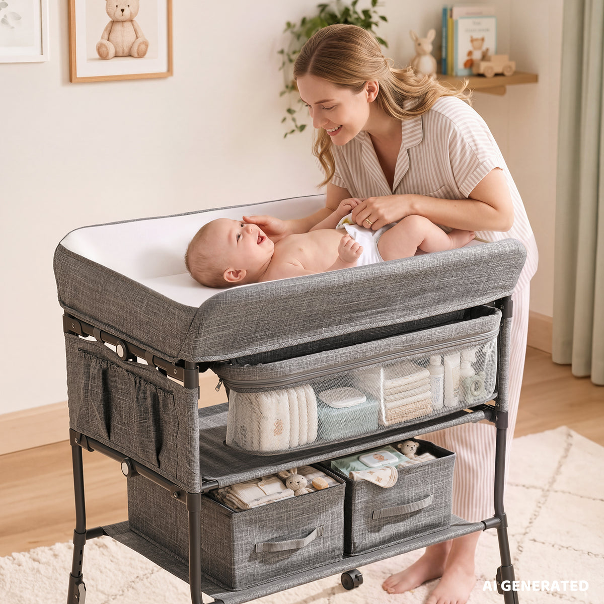 AILEEKISS Baby Diaper Changing Table, Waterproof Folding Changing Station with 2 Drawers, Grey