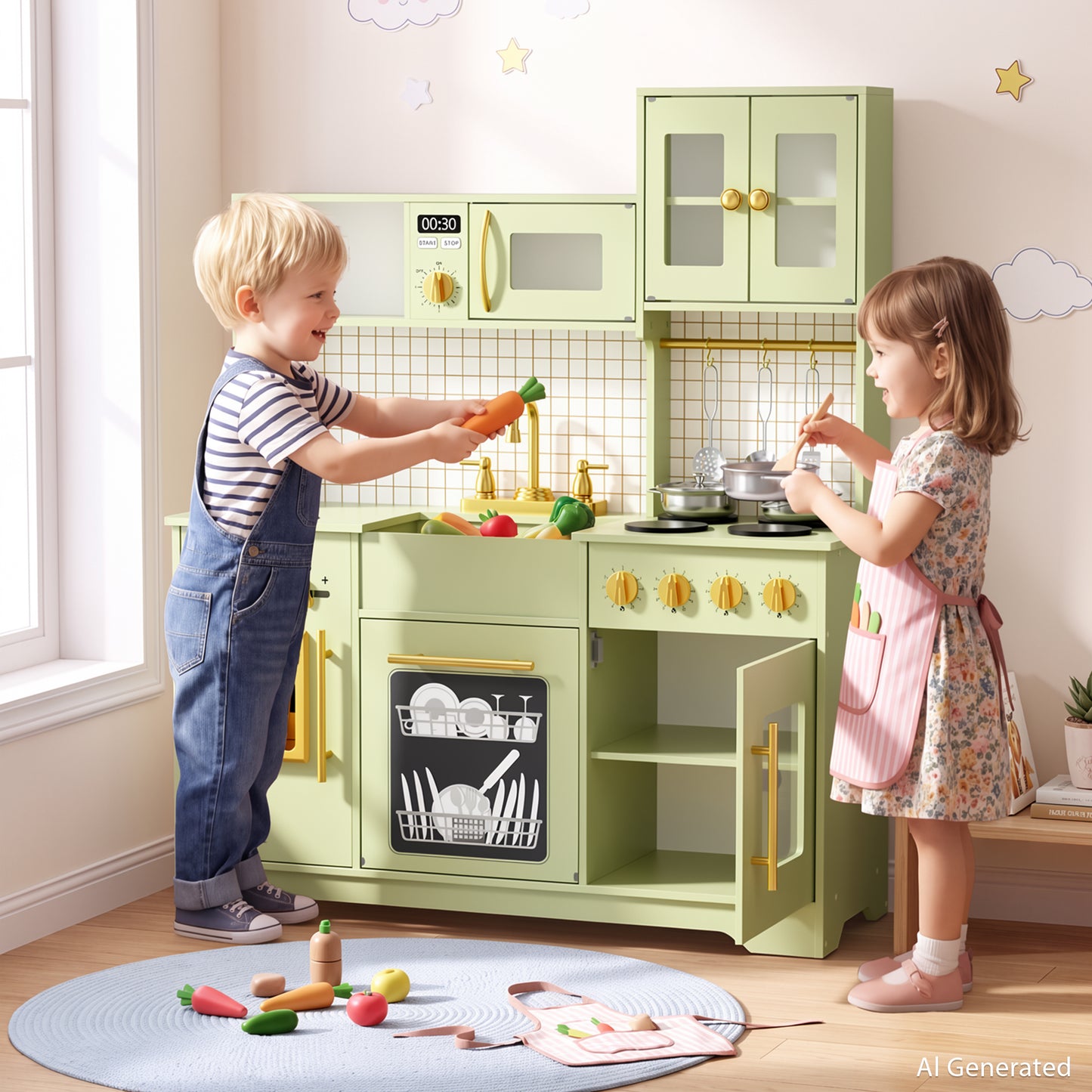 AILEEKISS Kids Kitchen Playset for Children, Realistic Pretend Kitchen Toy with Ice Maker, Green