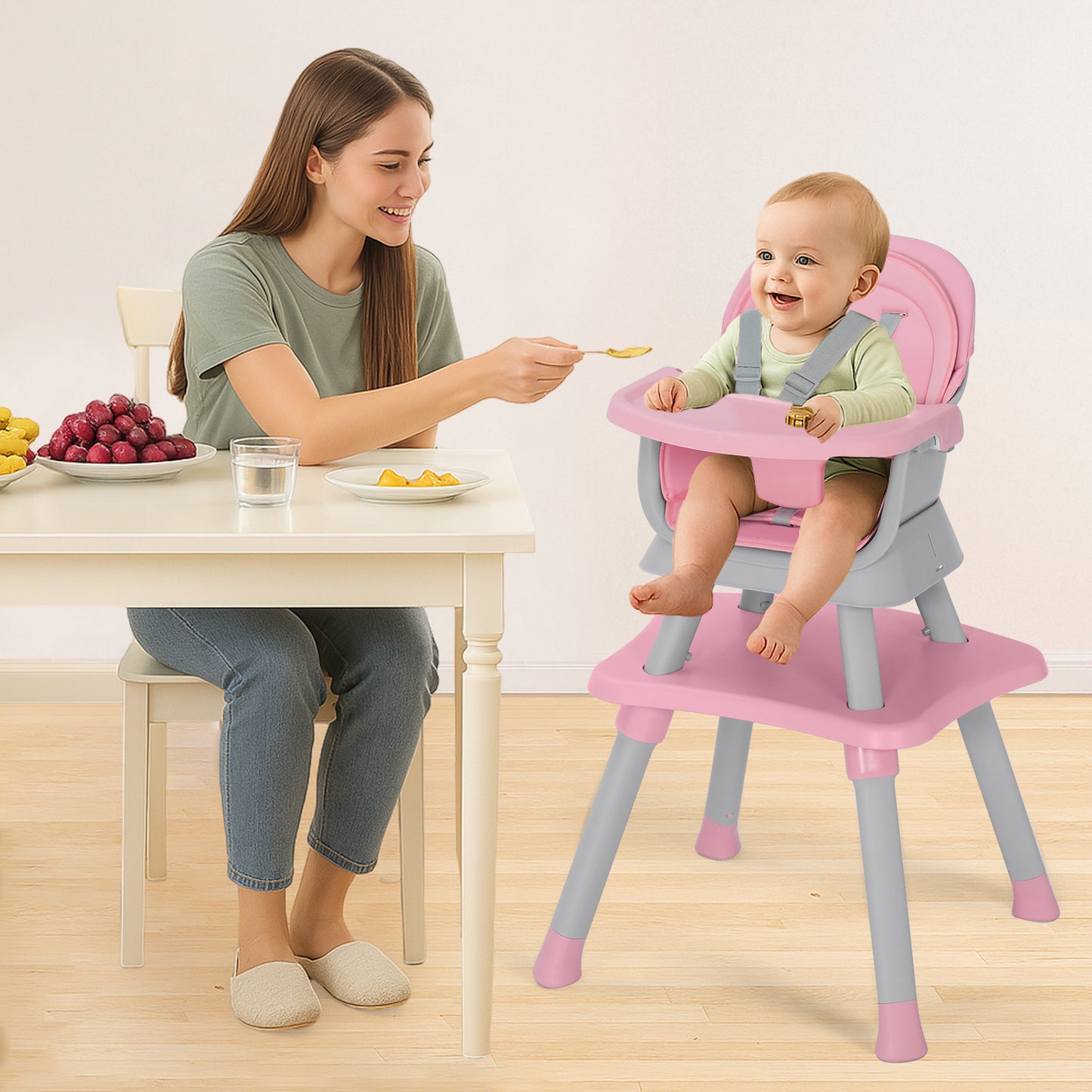 AILEEKISS 8 in 1 Baby High Chair, Toddler Dining Booster Seat for Eating, Pink Grey