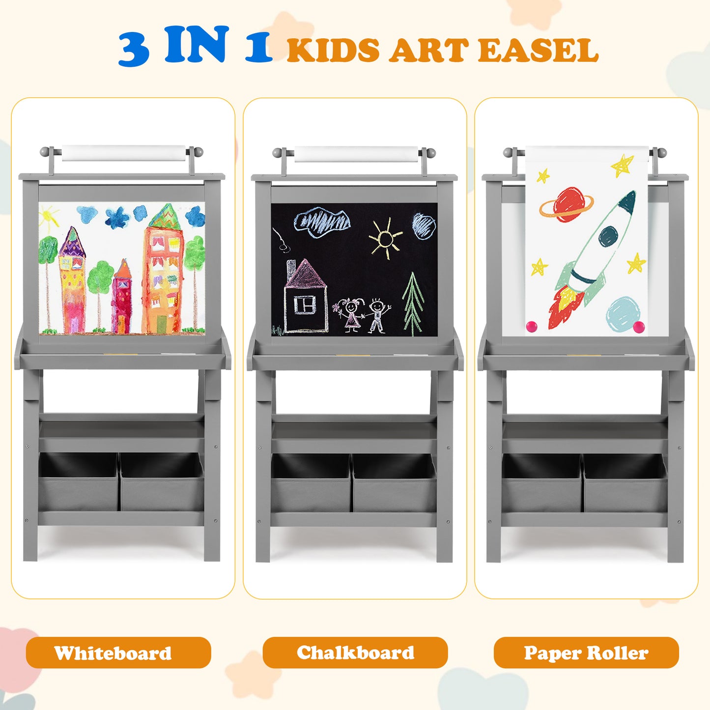 3 in 1 Kids Art Easel Double-Sided Magnetic Whiteboard Chalkboard Paper Roller, Grey