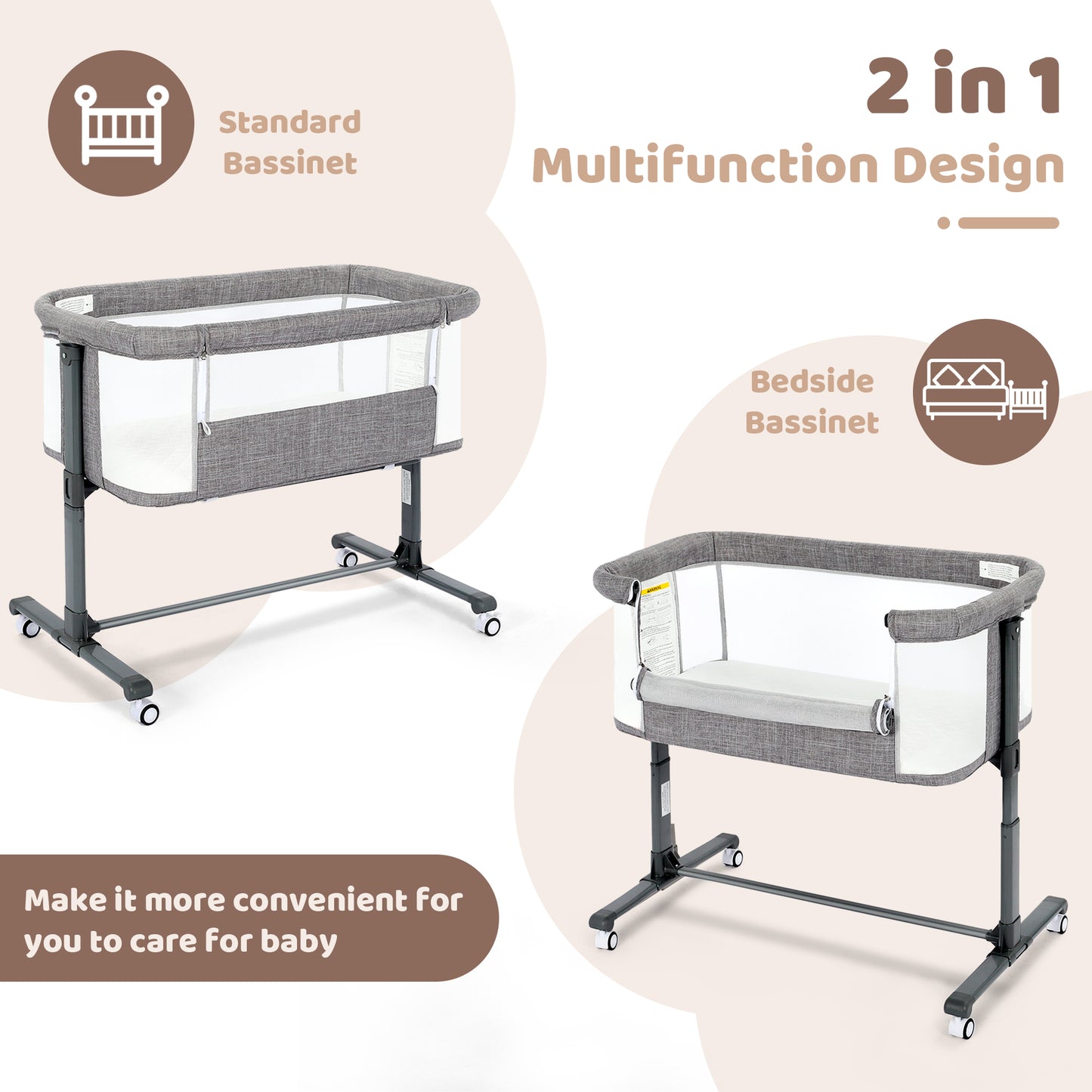AILEEKISS Baby Bassinet Bedside Sleeper, Height Adjustable Newborn Baby Bassinet with Wheels, Grey