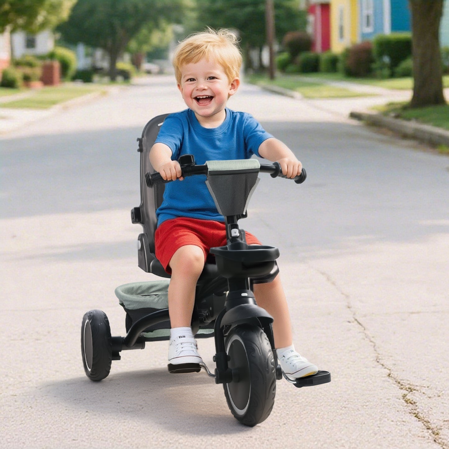 AILEEKISS 8-in-1 Kids' Tricycle Stroller, Folding Toddler Bicycle Unisex Ride Trike 1-6 Years, Mint Green