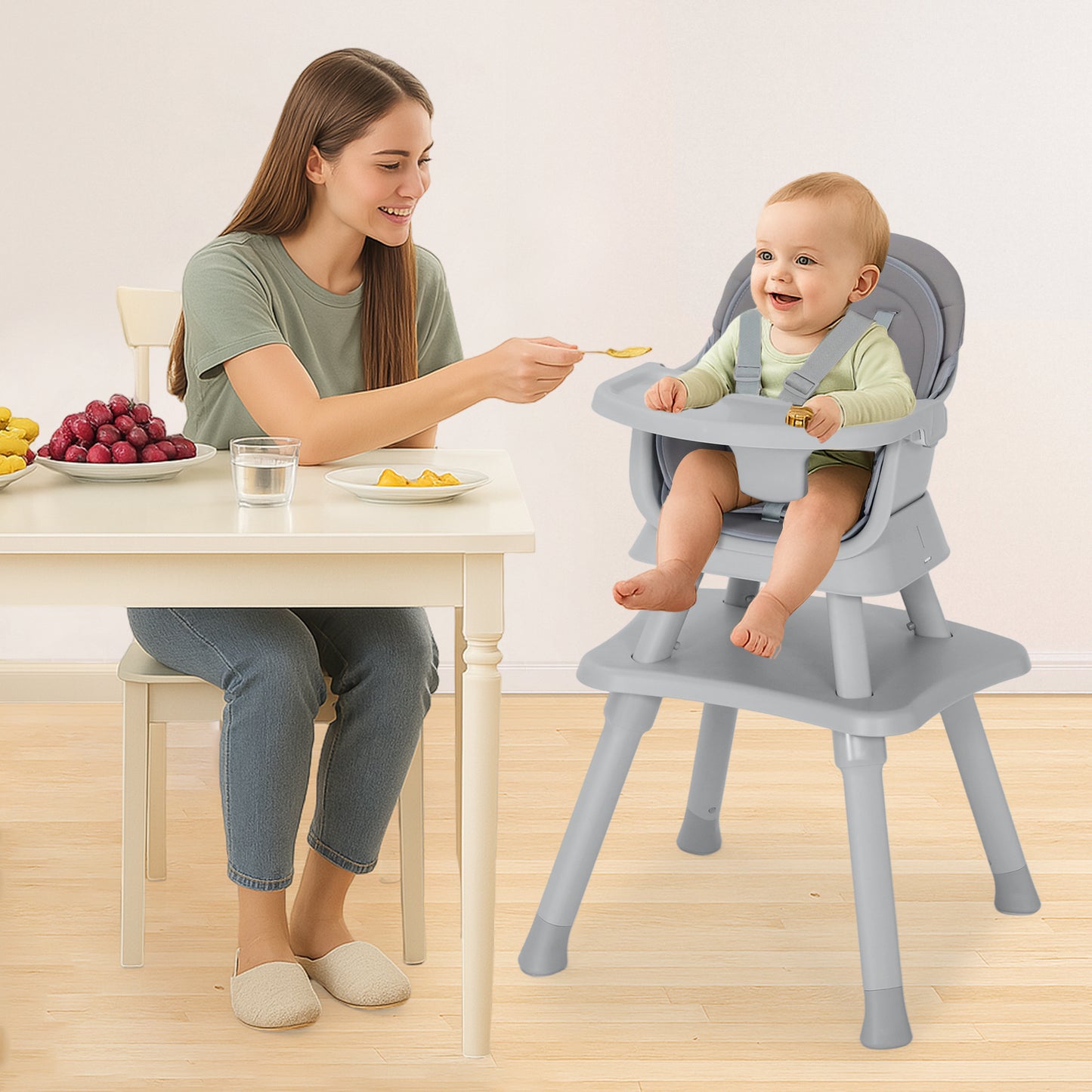 AILEEKISS 8 in 1 Baby High Chair, Toddler Dining Booster Seat for Eating, Light grey