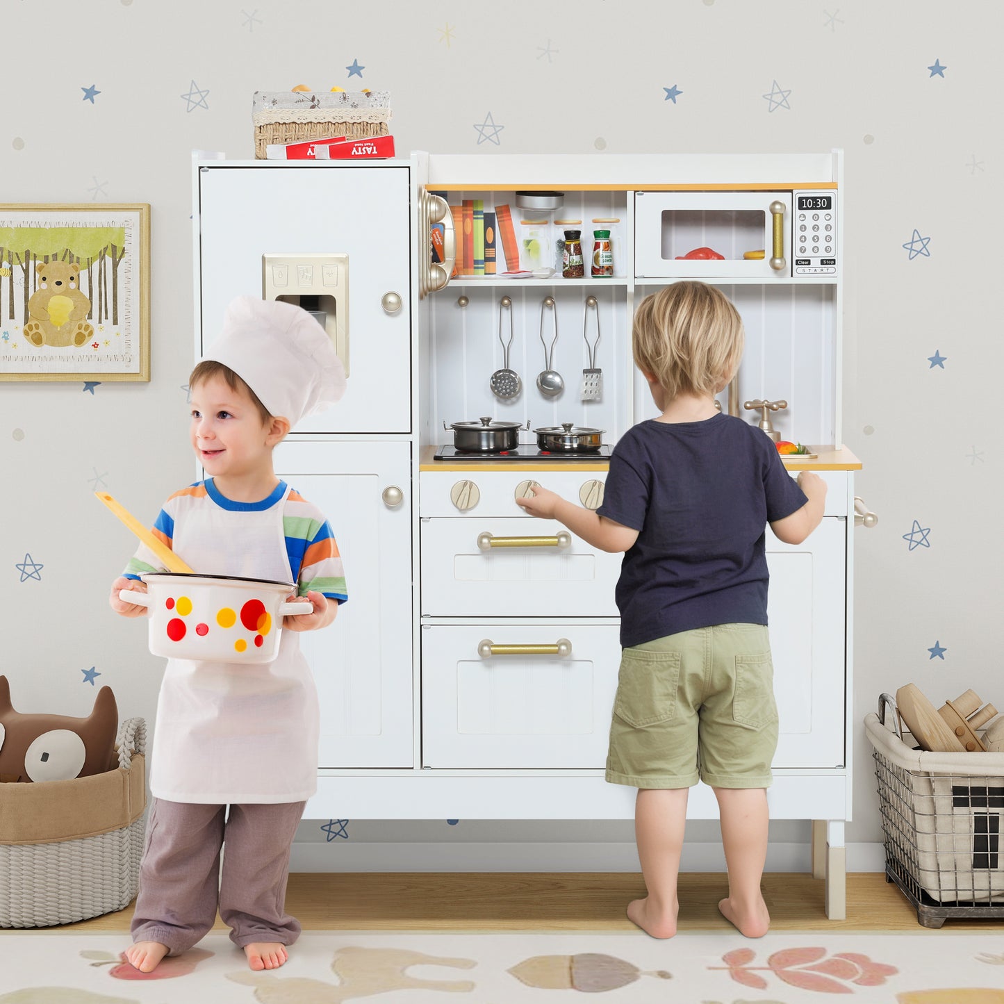 AILEEKISS Wood Kids Play Kitchen, Pretend Toy Kitchen Playset for Children with Sounds, White