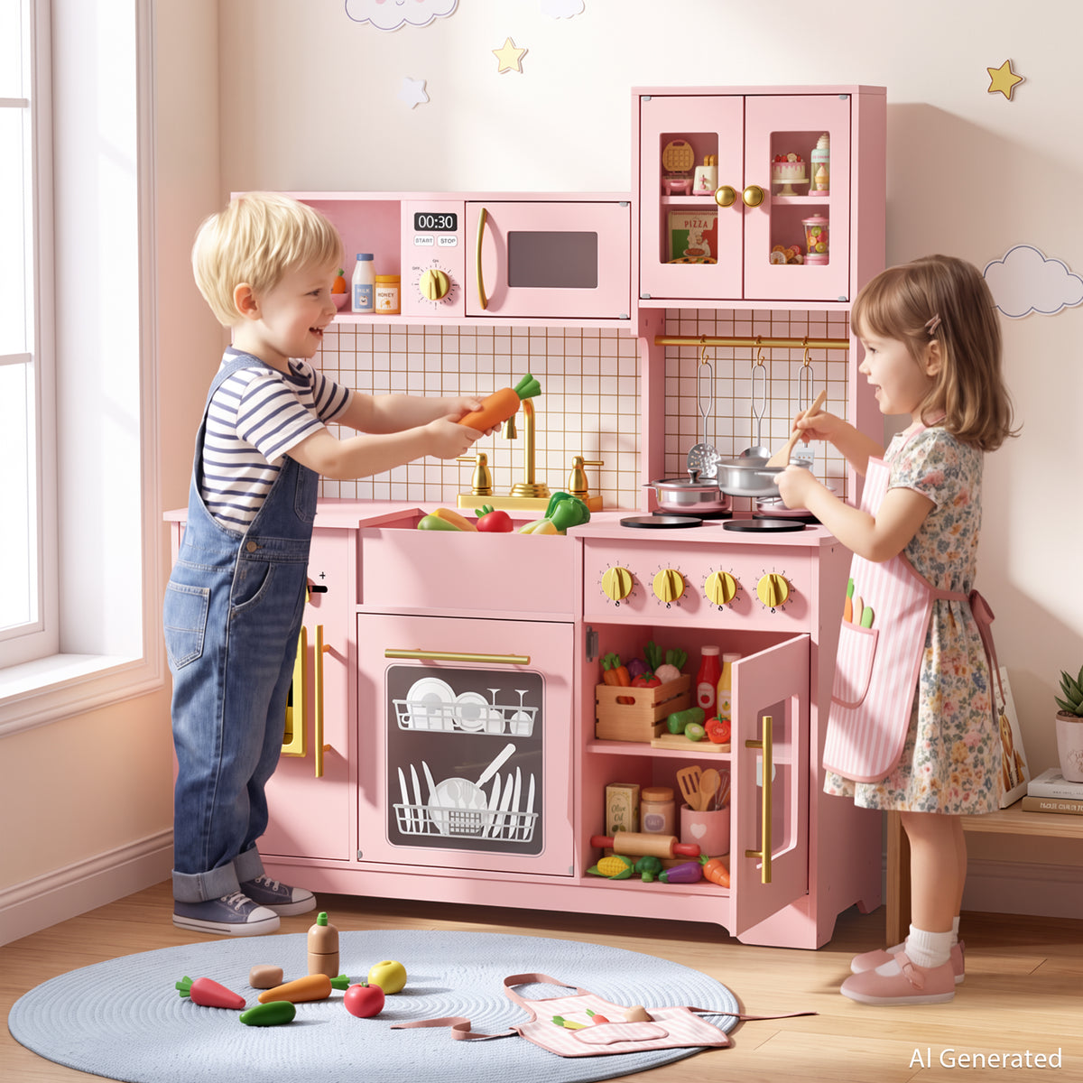 AILEEKISS Kids Kitchen Playset for Children, Realistic Pretend Kitchen Toy with Ice Maker, Pink