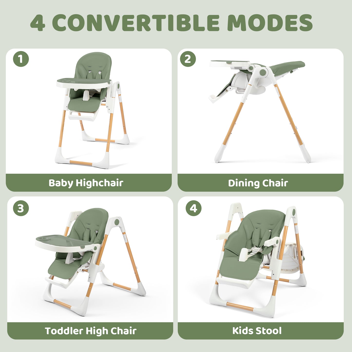 AILEEKISS Foldable High Chair for Baby, Toddler Eating Chair with Detachable Double Trays, Natural Green