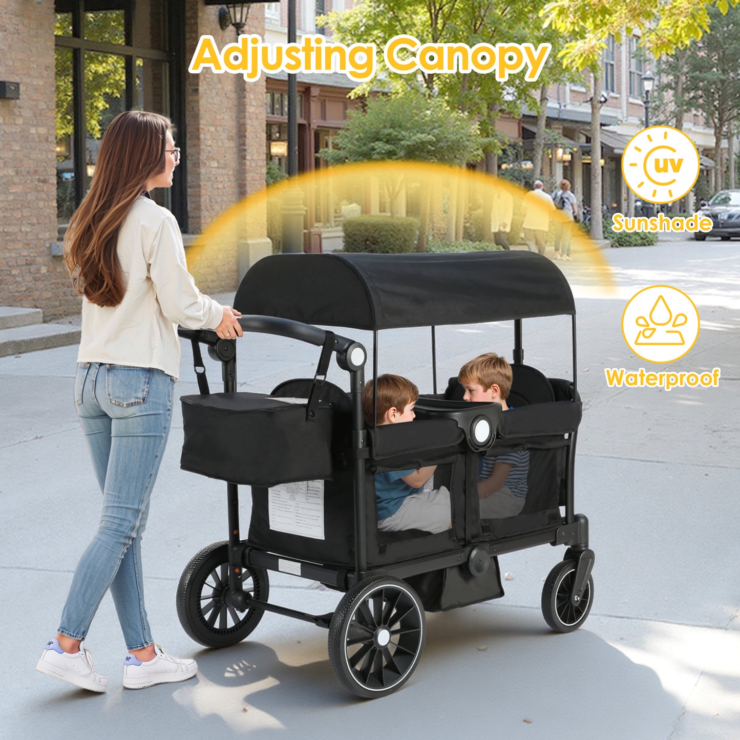 AILEEKISS 3-in-1 Wagon Stroller for 2 Toddlers, Collapsible Baby Wagon with Adjustable Handle, Black