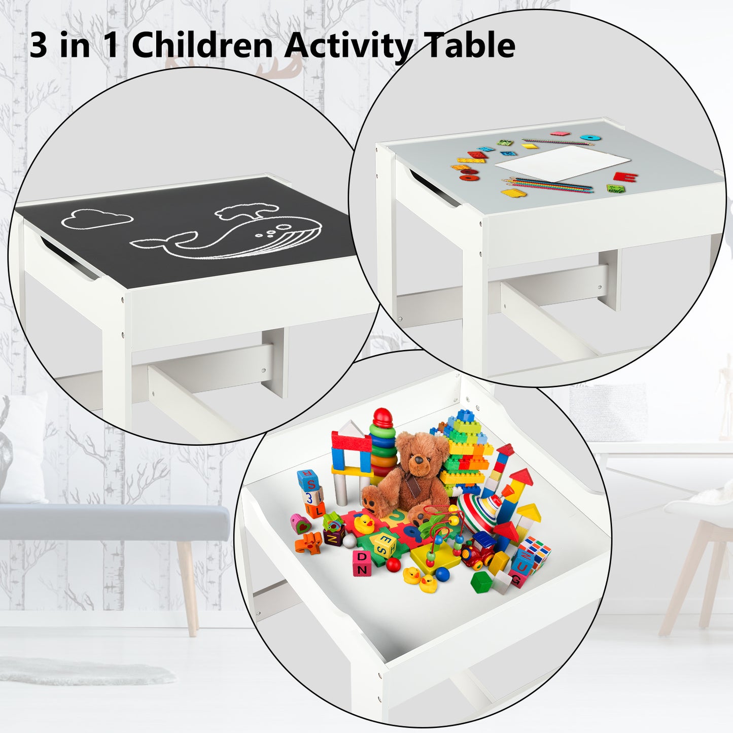 3 in 1 Kids Wood Table & 2 Chairs Set, Children Activity Table w/Storage, Grey
