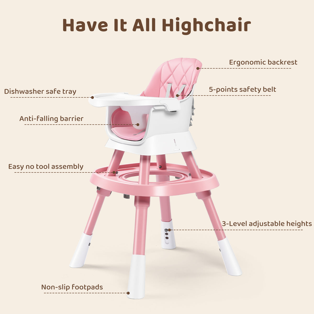 AILEEKISS 15 in 1 Baby High Chair, Toddler Dining Booster Seat w/Activity Center, Pink