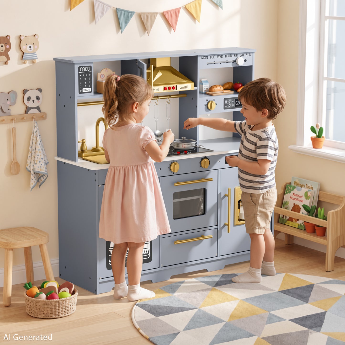 AILEEKISS Kids Toy Kitchen for Children, Pretend Kids Play Kitchen Set with Cooking Accessories, Blue