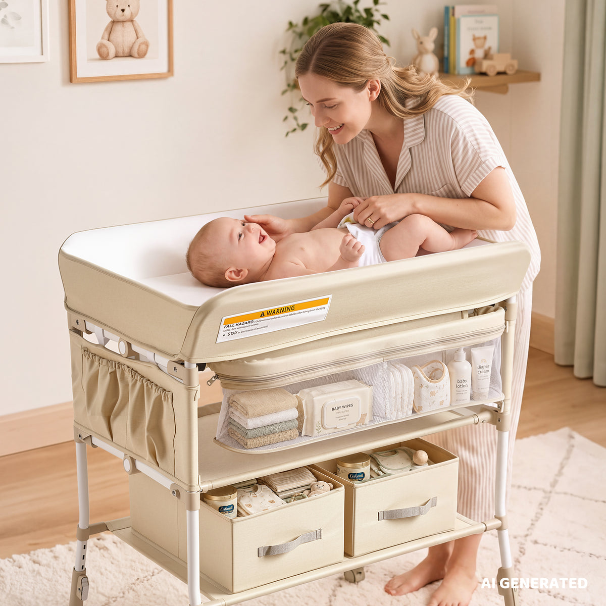 AILEEKISS Baby Diaper Changing Table, Waterproof Folding Changing Station with 2 Drawers, Beige