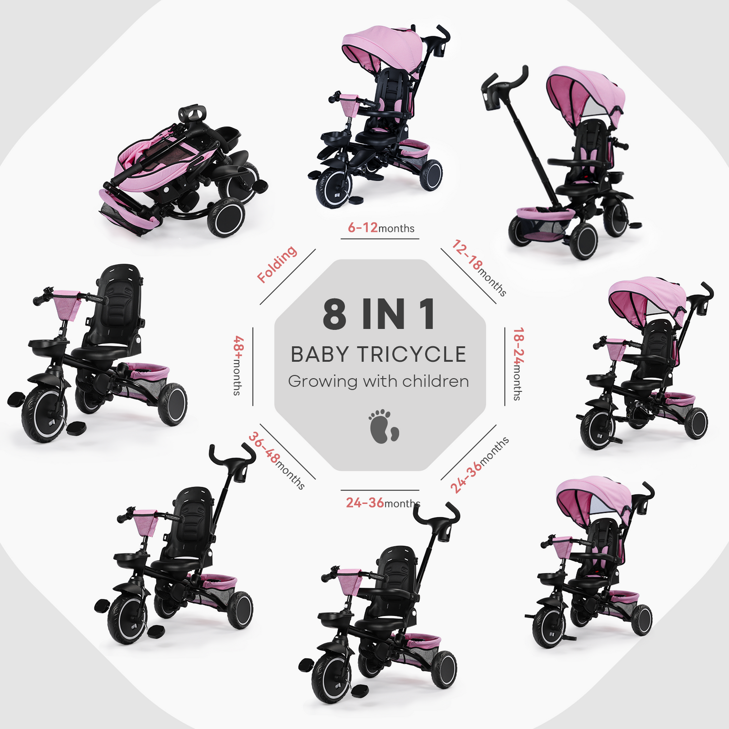 LINLUX 8 in 1 Kids Tricycle, Folding Toddler Trike with Push Handle, Tricycle for Kids, Pink