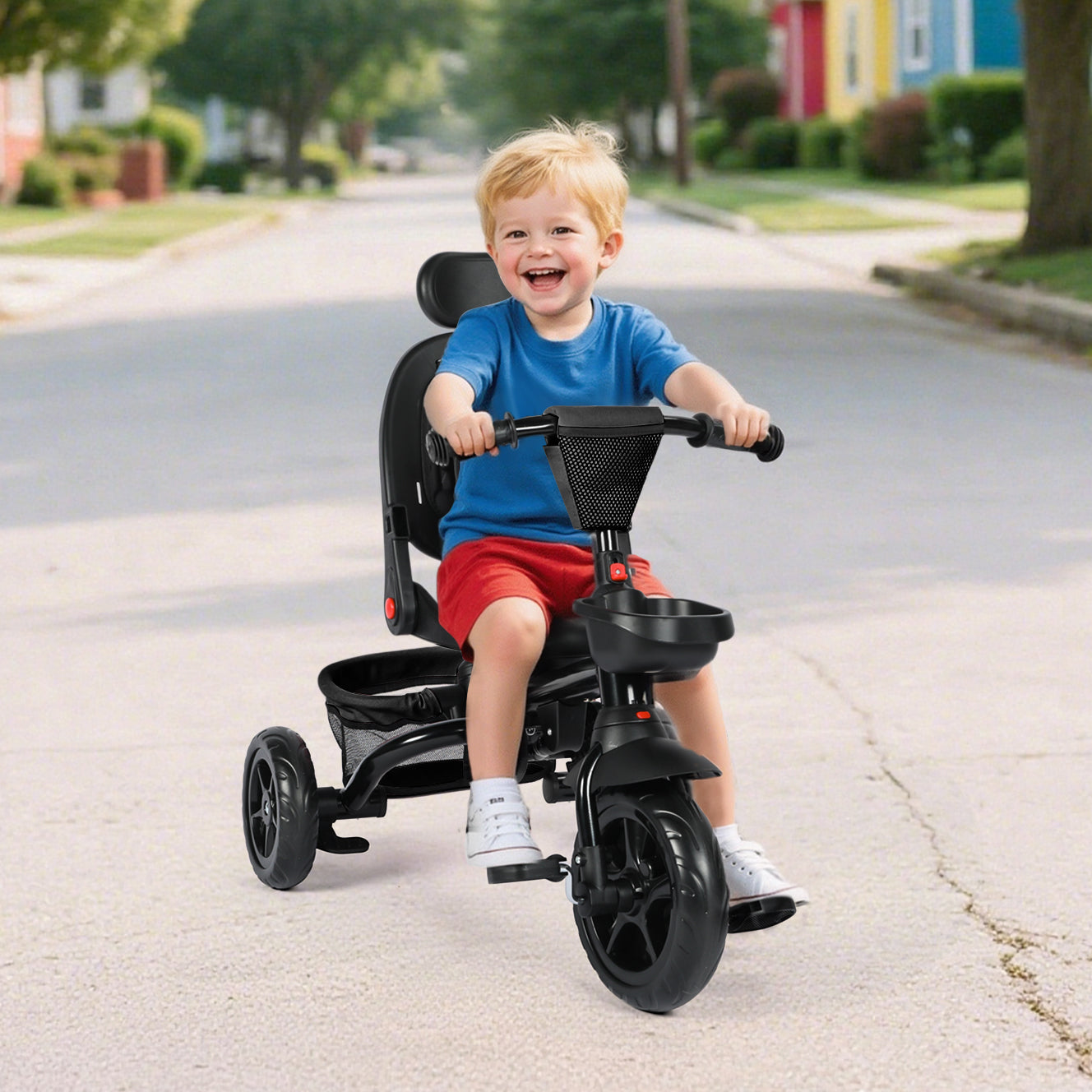 AILEEKISS Folding Kids' Tricycle, 8 IN1 Baby Trike W/Removable Canpoy&Parental Push Rod, Toddler Bike Stroller for Kids 1-5 Years, Black