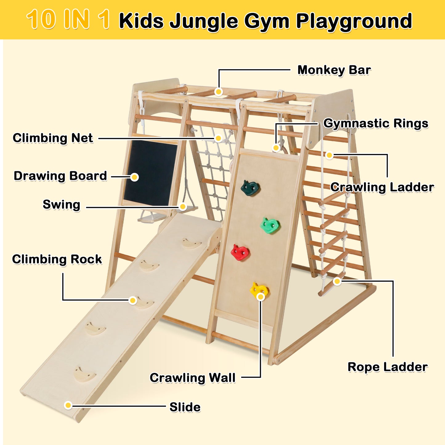 Toddler Climbing Set, 10 in 1 Kids Climber Slide Playset with Ladder/Ramp/Monkey Bar/Drawing Board, Indoor Wooden Jungle Gym, Natural