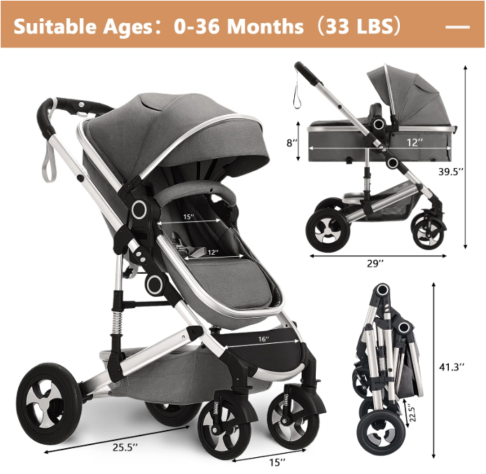 LINLUX 3 in 1 Baby Stroller w/ Diaper Bag & Big Wheel, Infant Pushchair, 23 Pounds, Dark Gray