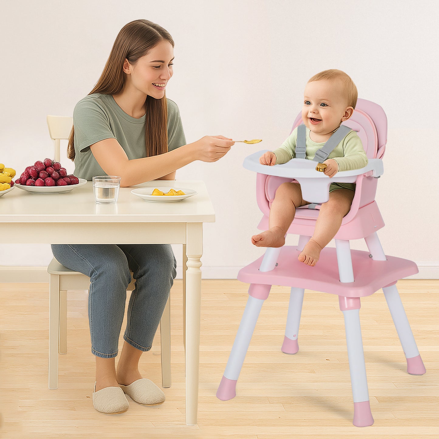 AILEEKISS 8 in 1 Baby High Chair, Toddler Dining Booster Seat for Eating, Pink White