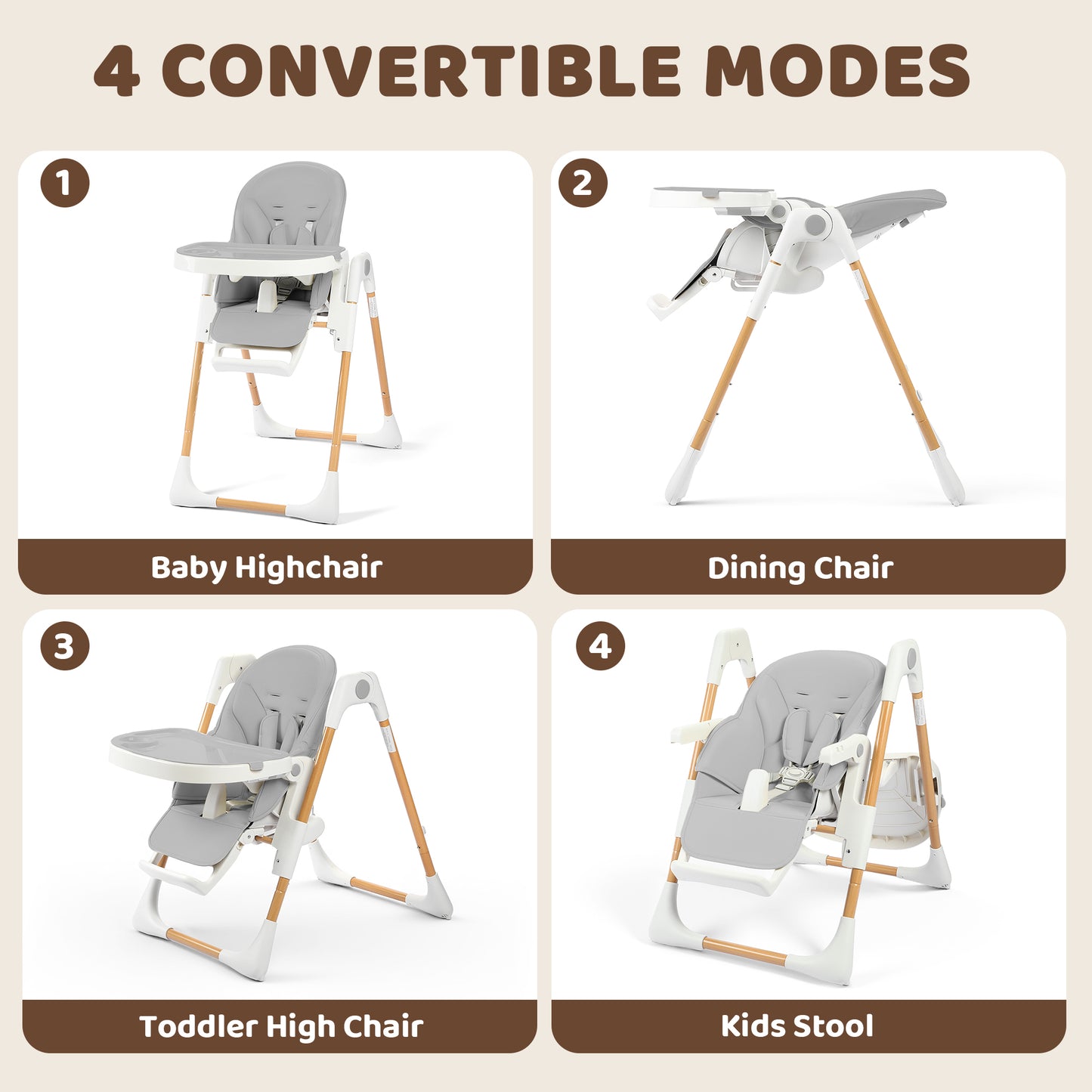 AILEEKISS Foldable High Chair for Baby, Toddler Eating Chair with Detachable Double Trays, Natural Grey